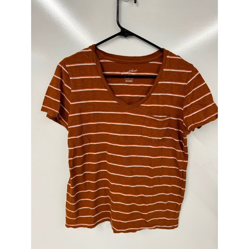 Universal Thread V-Neck T-Shirt Striped Brown Size S